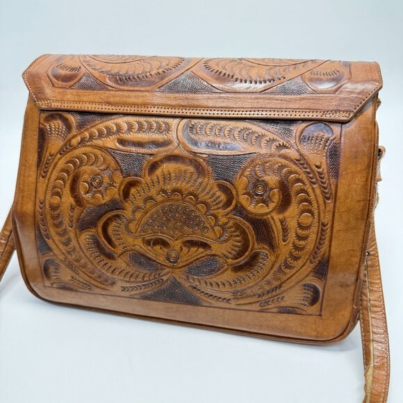 Vintage Hand Tooled Leather Shoulder Bag Made In Mexico Rose Flower - Picture 8 of 16